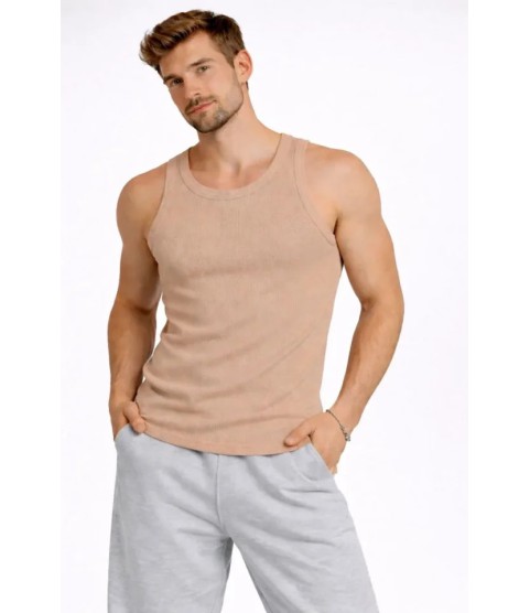 Erkek Fitilli Atlet Sıfır Yaka Slim Fit Arka Baskılı Spor Atlet - Bej