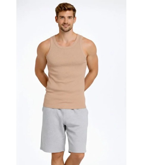 Erkek Fitilli Atlet Sıfır Yaka Slim Fit Arka Baskılı Spor Atlet - Bej