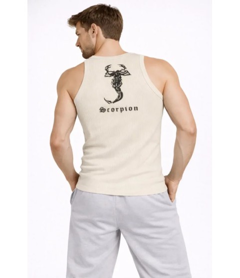 Erkek Fitilli Atlet Sıfır Yaka Slim Fit Arka Baskılı Spor Atlet - Krem