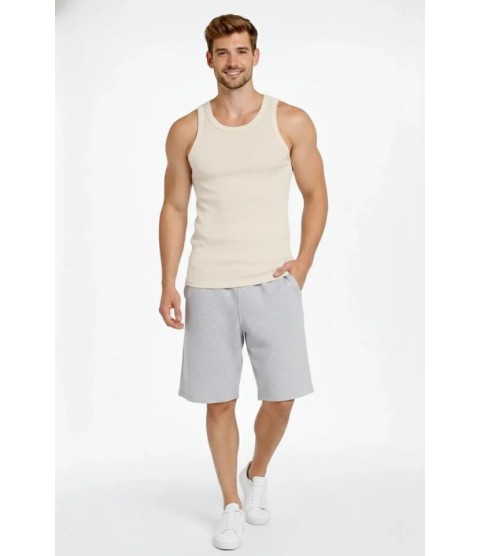Erkek Fitilli Atlet Sıfır Yaka Slim Fit Arka Baskılı Spor Atlet - Krem