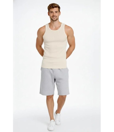 Erkek Fitilli Atlet Sıfır Yaka Slim Fit Arka Baskılı Spor Atlet - Krem