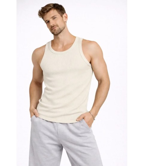 Erkek Fitilli Atlet Sıfır Yaka Slim Fit Arka Baskılı Spor Atlet - Krem