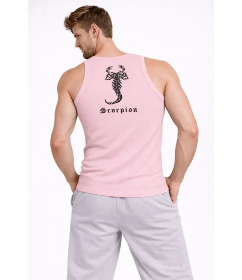 Erkek Fitilli Atlet Sıfır Yaka Slim Fit Arka Baskılı Spor Atlet - Pembe