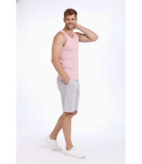 Erkek Fitilli Atlet Sıfır Yaka Slim Fit Arka Baskılı Spor Atlet - Pembe