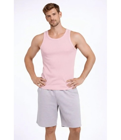 Erkek Fitilli Atlet Sıfır Yaka Slim Fit Arka Baskılı Spor Atlet - Pembe
