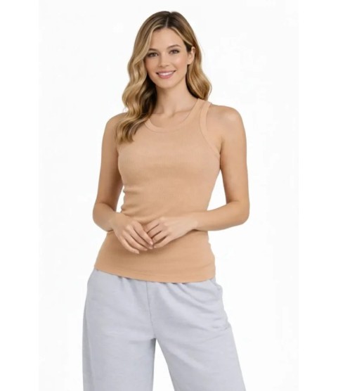 Fitilli Atlet Sıfır Yaka Slim Fit Arka Baskılı Spor Atlet - Bej
