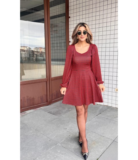 Kadın Uzun Kollu Kare Kalp Yakalı Mini Modal Elbise