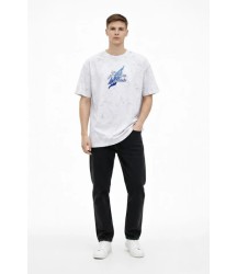 Erkek Asit Yıkamalı Oversize Tişört Future Worlds Baskılı Bisiklet Yaka Kısa Kollu Streetwear %100 Pamuk Street Style T-Shirt - Beyaz
