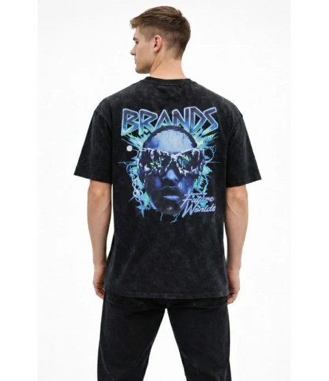 Erkek Asit Yıkamalı Oversize Tişört Future Worlds Baskılı Bisiklet Yaka Kısa Kollu Streetwear %100 Pamuk Street Style T-Shirt - Siyah