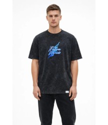 Erkek Asit Yıkamalı Oversize Tişört Future Worlds Baskılı Bisiklet Yaka Kısa Kollu Streetwear %100 Pamuk Street Style T-Shirt - Siyah