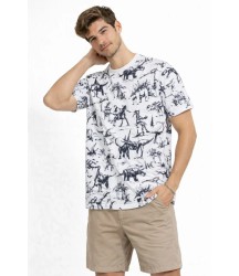 Erkek Beyaz Dinozor Desenli Tişört – Regular Fit, Bisiklet Yaka, Dijital Baskılı Pamuklu T-Shirt - Beyaz