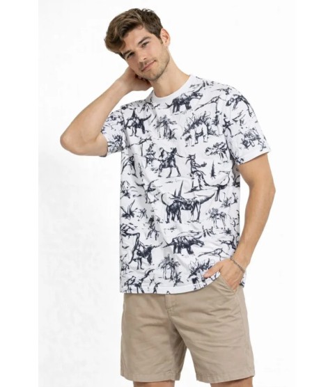 Erkek Beyaz Dinozor Desenli Tişört – Regular Fit, Bisiklet Yaka, Dijital Baskılı Pamuklu T-Shirt - Beyaz