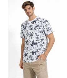 Erkek Beyaz Dinozor Desenli Tişört – Regular Fit, Bisiklet Yaka, Dijital Baskılı Pamuklu T-Shirt - Beyaz