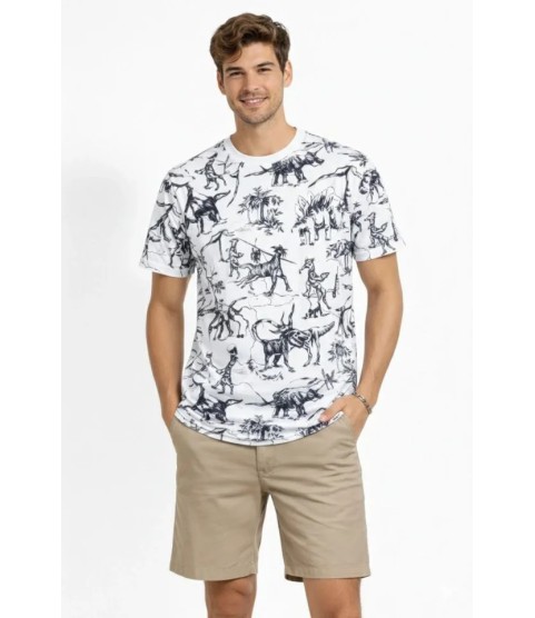 Erkek Beyaz Dinozor Desenli Tişört – Regular Fit, Bisiklet Yaka, Dijital Baskılı Pamuklu T-Shirt - Beyaz