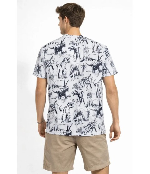 Erkek Beyaz Dinozor Desenli Tişört – Regular Fit, Bisiklet Yaka, Dijital Baskılı Pamuklu T-Shirt - Beyaz