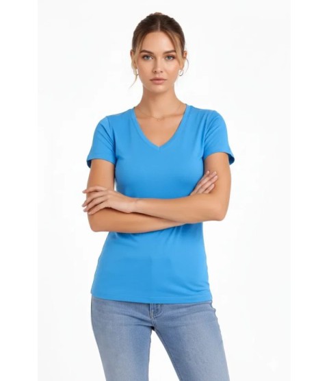 T-Shirt V Yaka Slim Fit Likralı Tişört Günlük Basic Body - Açık Mavi
