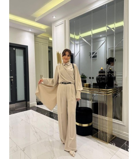 Kadın Uzun Kollu şal Detaylı Bluz Ve Pantolon Ikili Takım (kemer Dahil Değil)