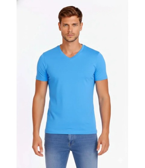 Erkek T-Shirt V Yaka Slim Fit Dar Kesim Likralı Tişört Günlük Basic Body - Açık Mavi