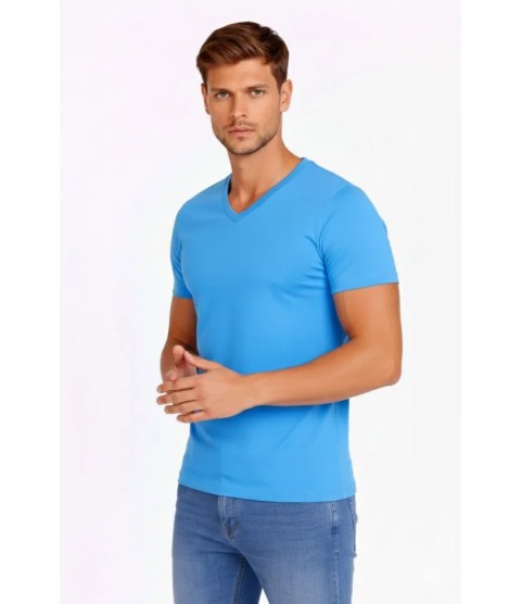 Erkek T-Shirt V Yaka Slim Fit Dar Kesim Likralı Tişört Günlük Basic Body - Açık Mavi