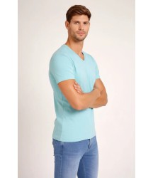 Erkek T-Shirt V Yaka Slim Fit Dar Kesim Likralı Tişört Günlük Basic Body - Turkuvaz