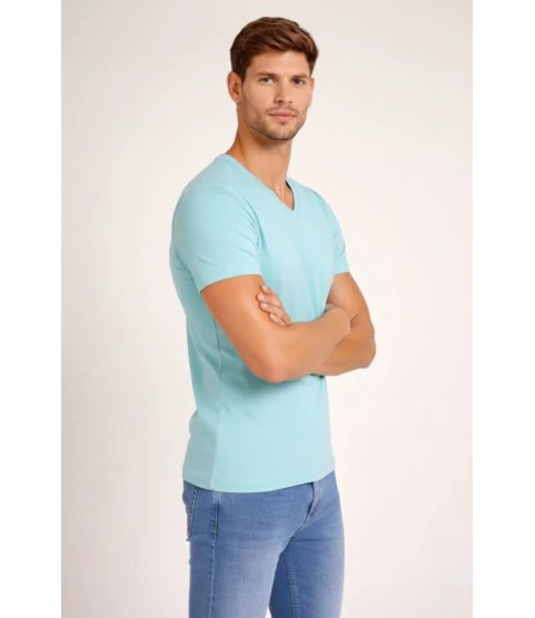 Erkek T-Shirt V Yaka Slim Fit Dar Kesim Likralı Tişört Günlük Basic Body - Turkuvaz