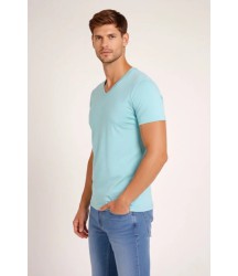 Erkek T-Shirt V Yaka Slim Fit Dar Kesim Likralı Tişört Günlük Basic Body - Turkuvaz