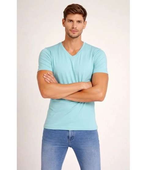 Erkek T-Shirt V Yaka Slim Fit Dar Kesim Likralı Tişört Günlük Basic Body - Turkuvaz