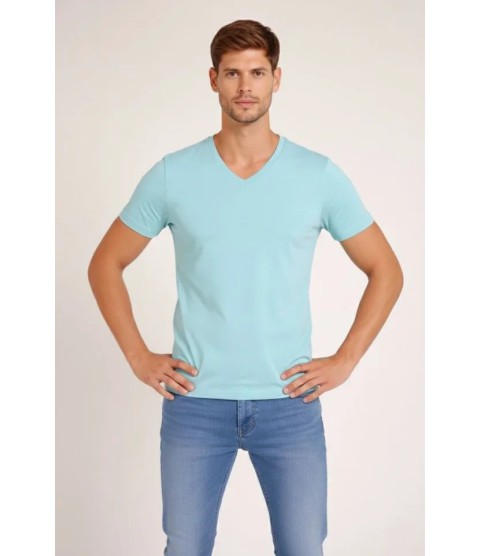 Erkek T-Shirt V Yaka Slim Fit Dar Kesim Likralı Tişört Günlük Basic Body - Turkuvaz