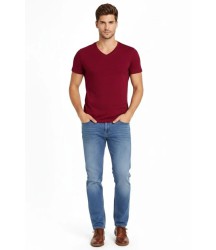 Erkek T-Shirt V Yaka Slim Fit Dar Kesim Likralı Tişört Günlük Basic Body - Bordo