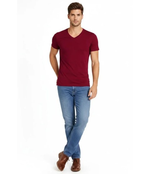 Erkek T-Shirt V Yaka Slim Fit Dar Kesim Likralı Tişört Günlük Basic Body - Bordo