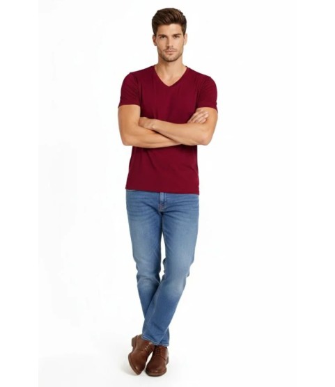 Erkek T-Shirt V Yaka Slim Fit Dar Kesim Likralı Tişört Günlük Basic Body - Bordo