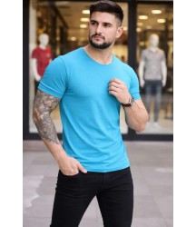 Erkek T-Shirt Bisiklet Yaka Slim Fit Dar Kesim Likralı Tişört Günlük Basic Body - Açık Mavi