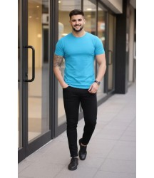Erkek T-Shirt Bisiklet Yaka Slim Fit Dar Kesim Likralı Tişört Günlük Basic Body - Açık Mavi