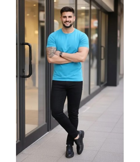 Erkek T-Shirt Bisiklet Yaka Slim Fit Dar Kesim Likralı Tişört Günlük Basic Body - Açık Mavi