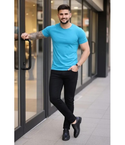 Erkek T-Shirt Bisiklet Yaka Slim Fit Dar Kesim Likralı Tişört Günlük Basic Body - Açık Mavi