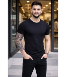Erkek T-Shirt Bisiklet Yaka Slim Fit Dar Kesim Likralı Tişört Günlük Basic Body - Siyah