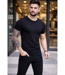 Erkek T-Shirt Bisiklet Yaka Slim Fit Dar Kesim Likralı Tişört Günlük Basic Body - Siyah