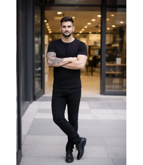 Erkek T-Shirt Bisiklet Yaka Slim Fit Dar Kesim Likralı Tişört Günlük Basic Body - Siyah