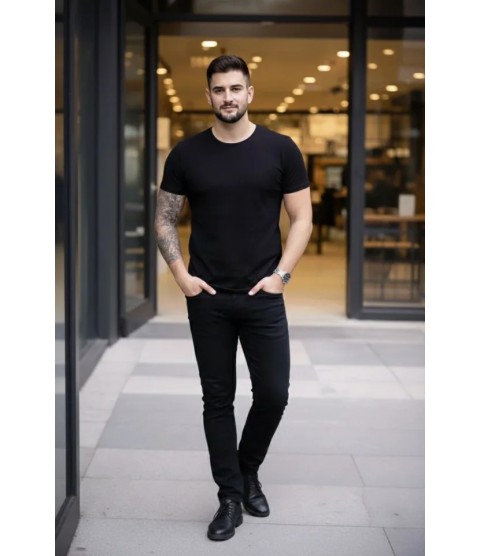 Erkek T-Shirt Bisiklet Yaka Slim Fit Dar Kesim Likralı Tişört Günlük Basic Body - Siyah