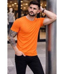 Erkek T-Shirt Bisiklet Yaka Slim Fit Dar Kesim Likralı Tişört Günlük Basic Body - Turuncu