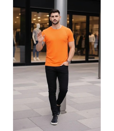 Erkek T-Shirt Bisiklet Yaka Slim Fit Dar Kesim Likralı Tişört Günlük Basic Body - Turuncu