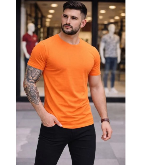 Erkek T-Shirt Bisiklet Yaka Slim Fit Dar Kesim Likralı Tişört Günlük Basic Body - Turuncu