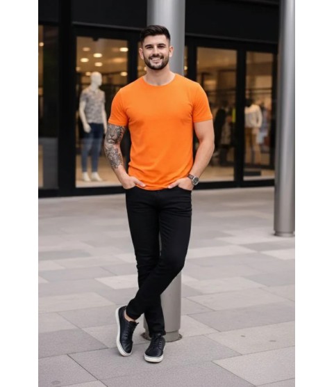 Erkek T-Shirt Bisiklet Yaka Slim Fit Dar Kesim Likralı Tişört Günlük Basic Body - Turuncu