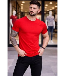 Erkek T-Shirt Bisiklet Yaka Slim Fit Dar Kesim Likralı Tişört Günlük Basic Body - Kırmızı