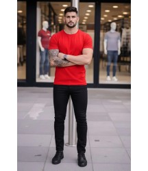 Erkek T-Shirt Bisiklet Yaka Slim Fit Dar Kesim Likralı Tişört Günlük Basic Body - Kırmızı