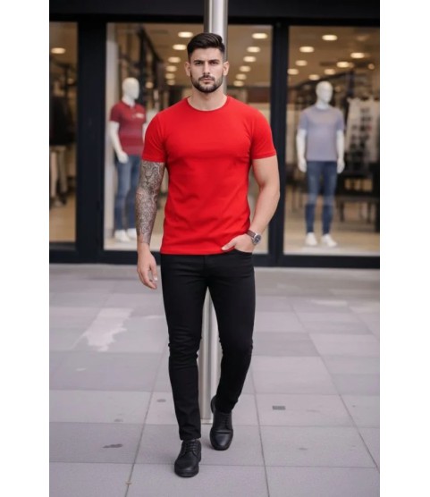 Erkek T-Shirt Bisiklet Yaka Slim Fit Dar Kesim Likralı Tişört Günlük Basic Body - Kırmızı