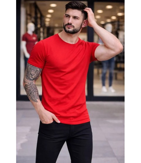 Erkek T-Shirt Bisiklet Yaka Slim Fit Dar Kesim Likralı Tişört Günlük Basic Body - Kırmızı