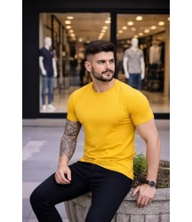 Erkek T-Shirt Bisiklet Yaka Slim Fit Dar Kesim Likralı Tişört Günlük Basic Body - Sarı