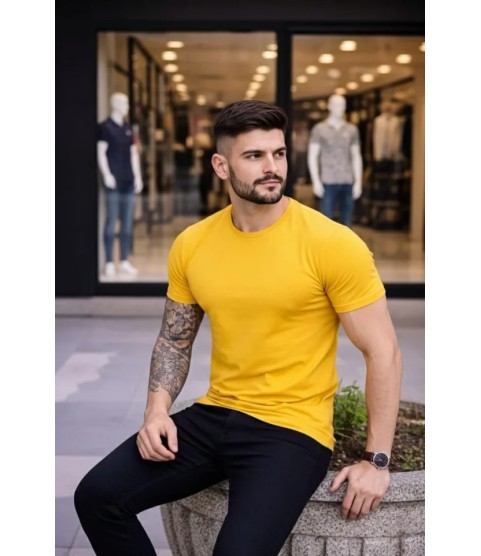Erkek T-Shirt Bisiklet Yaka Slim Fit Dar Kesim Likralı Tişört Günlük Basic Body - Sarı