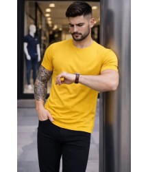 Erkek T-Shirt Bisiklet Yaka Slim Fit Dar Kesim Likralı Tişört Günlük Basic Body - Sarı